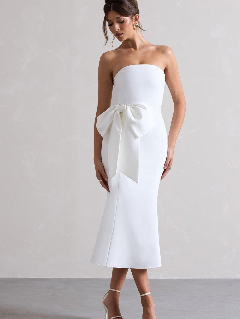 Club L London Strapless White Midi Dress with Waist Bow